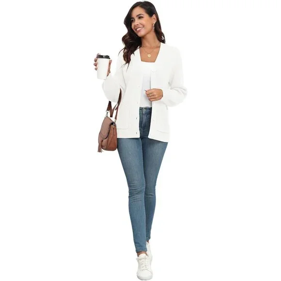 Cozy Women's Chunky Knit Cardigan - Long Sleeve V-Neck Sweater Coat with Pockets